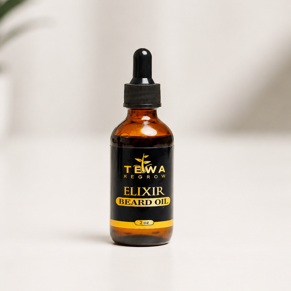 Bottle of TEWA Elixir Beard Oil on a white background